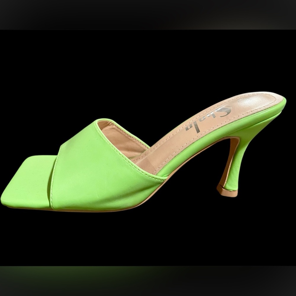 NEW Sheln Women’s Lime Green Square Toe Slide High Heel Sandals SZ 7